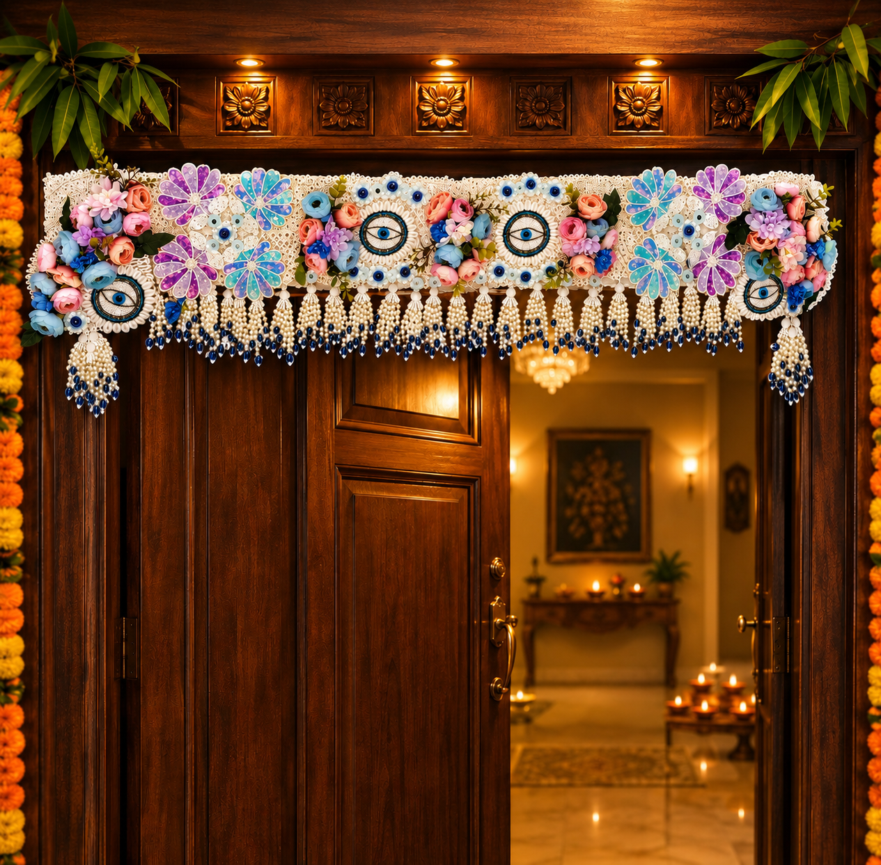 Artificial Flowers with Pearl Jhalar Toran decorative toran for main door by Vyaparika