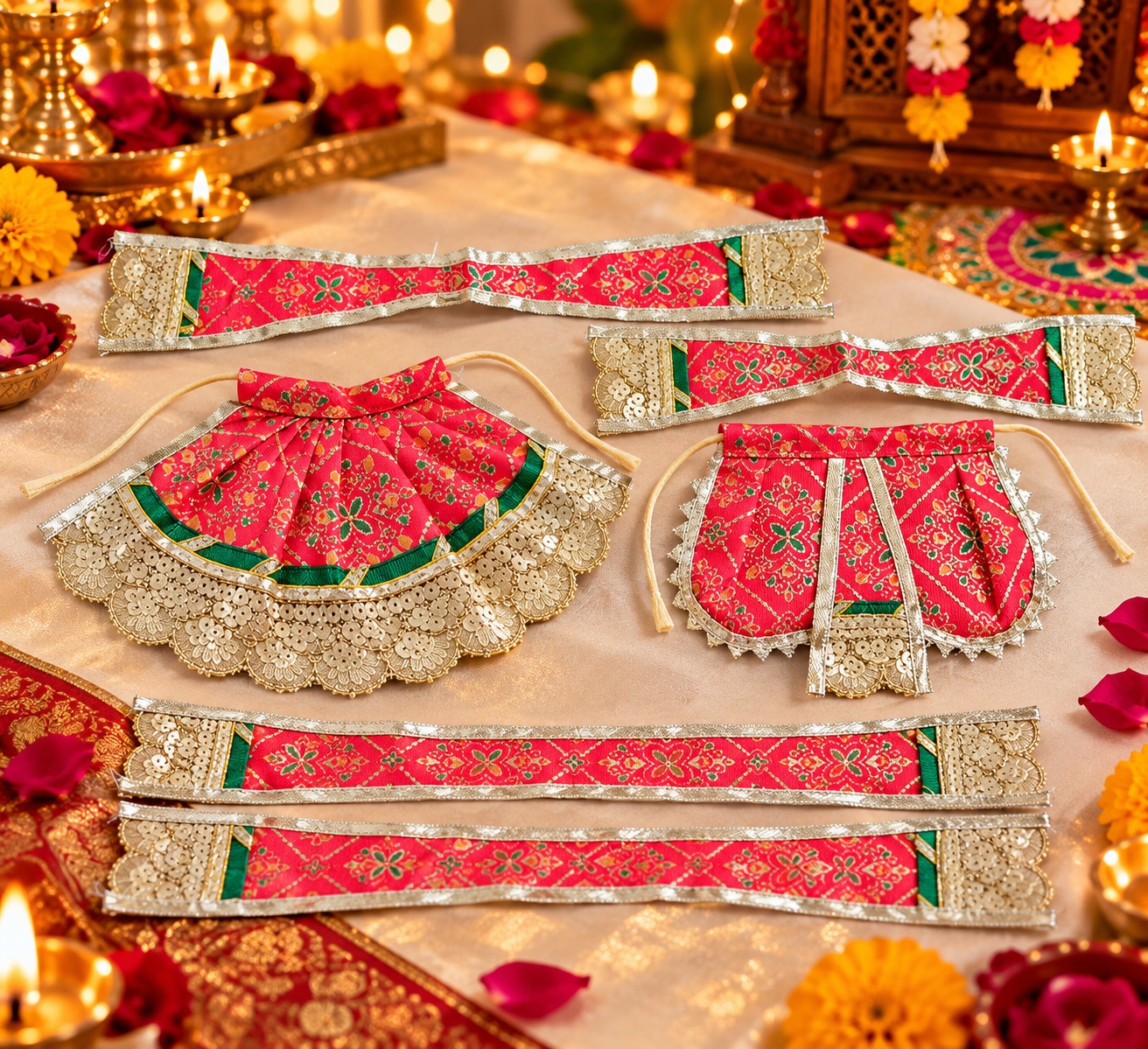 Floral Brocade Ganesh Ji & Lakshmi Ji Poshak Set – Red & Gold