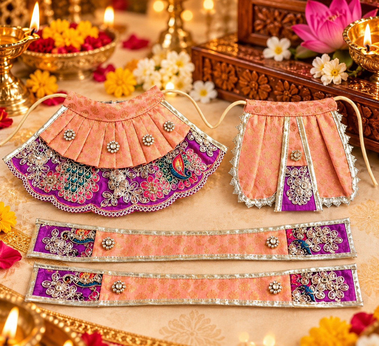 Mayur Ganesh Ji & Lakshmi Ji Poshak Set – Peach & Purple