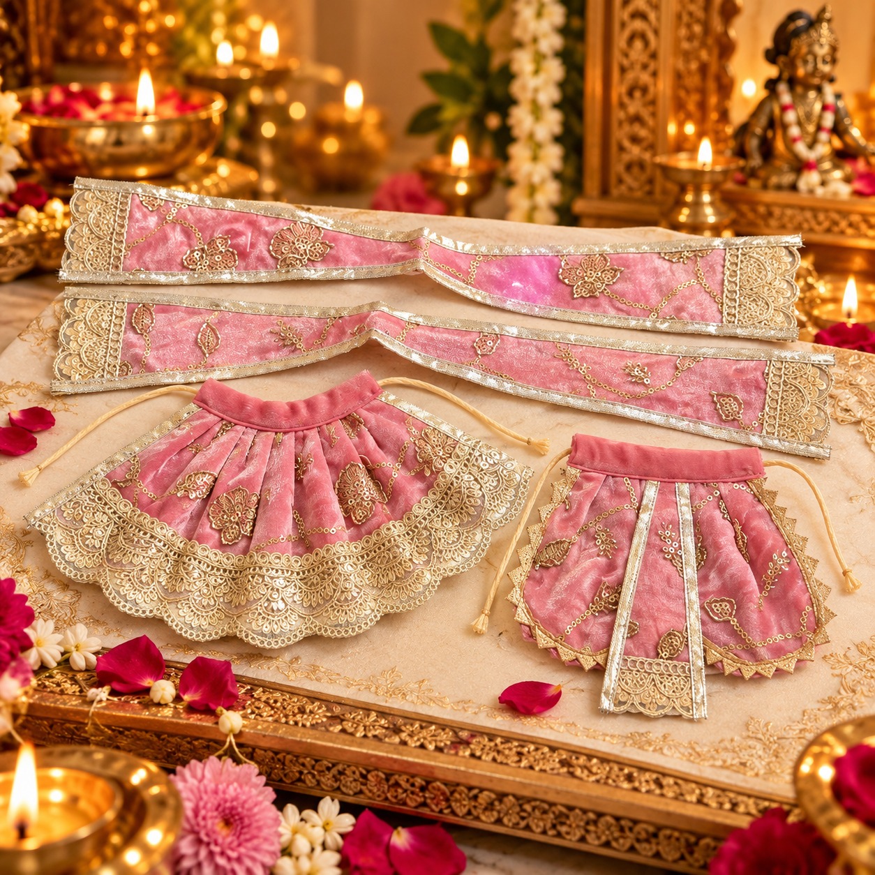 Floral Lace Ganesh Ji & Lakshmi Ji Poshak Set – Pink & Gold