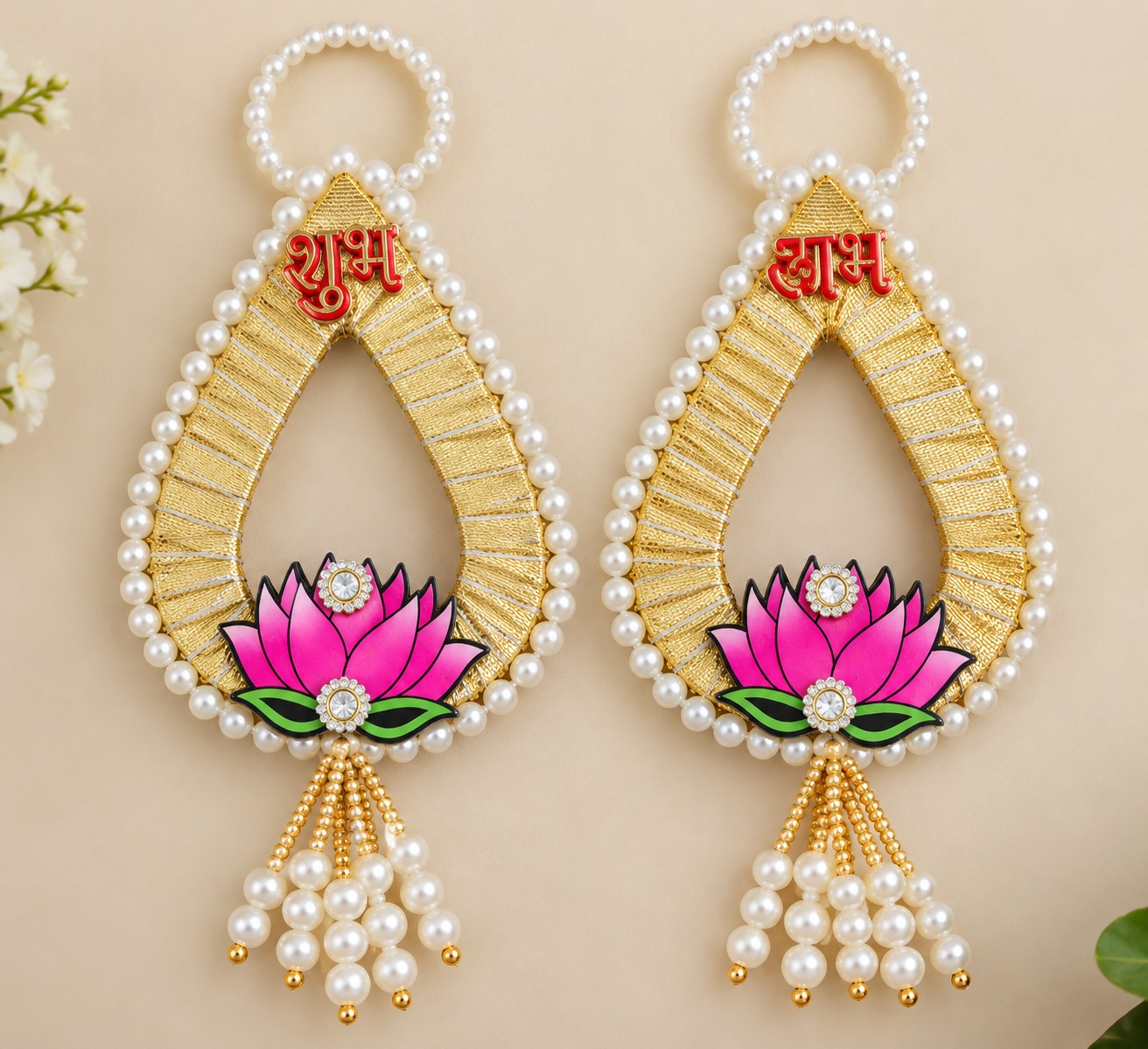 Lotus Shubh Labh Door Latkan – Pink & Gold Pair